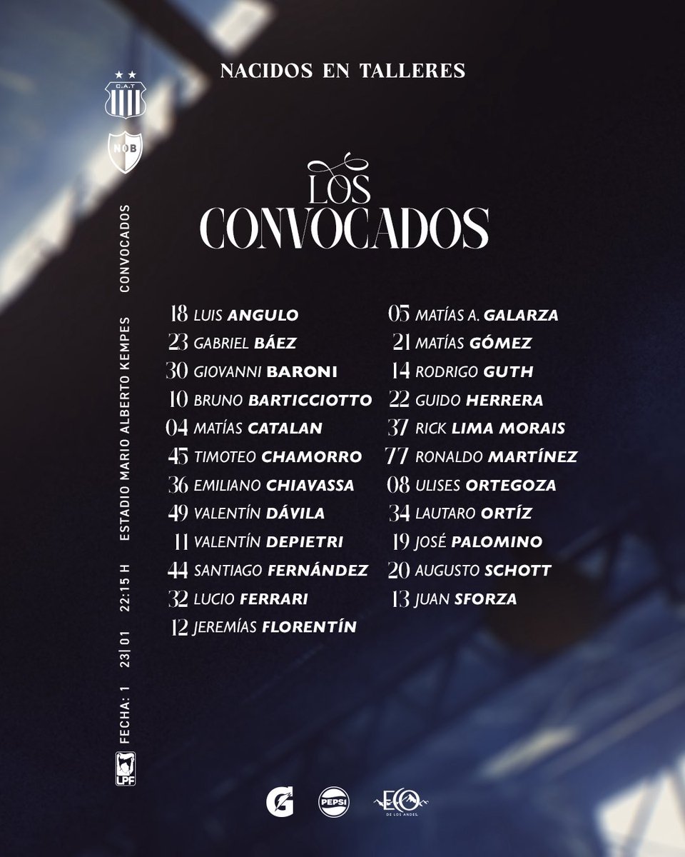 📋🏴󠁧󠁢󠁳󠁣󠁴󠁿 ¡La lista de jugadores CITADOS por #Talleres para recibir a #Newells por la fecha 1 del Torneo Apertura! 

✅ Convocados Juan Sforza y Ronaldo Iván Martínez.