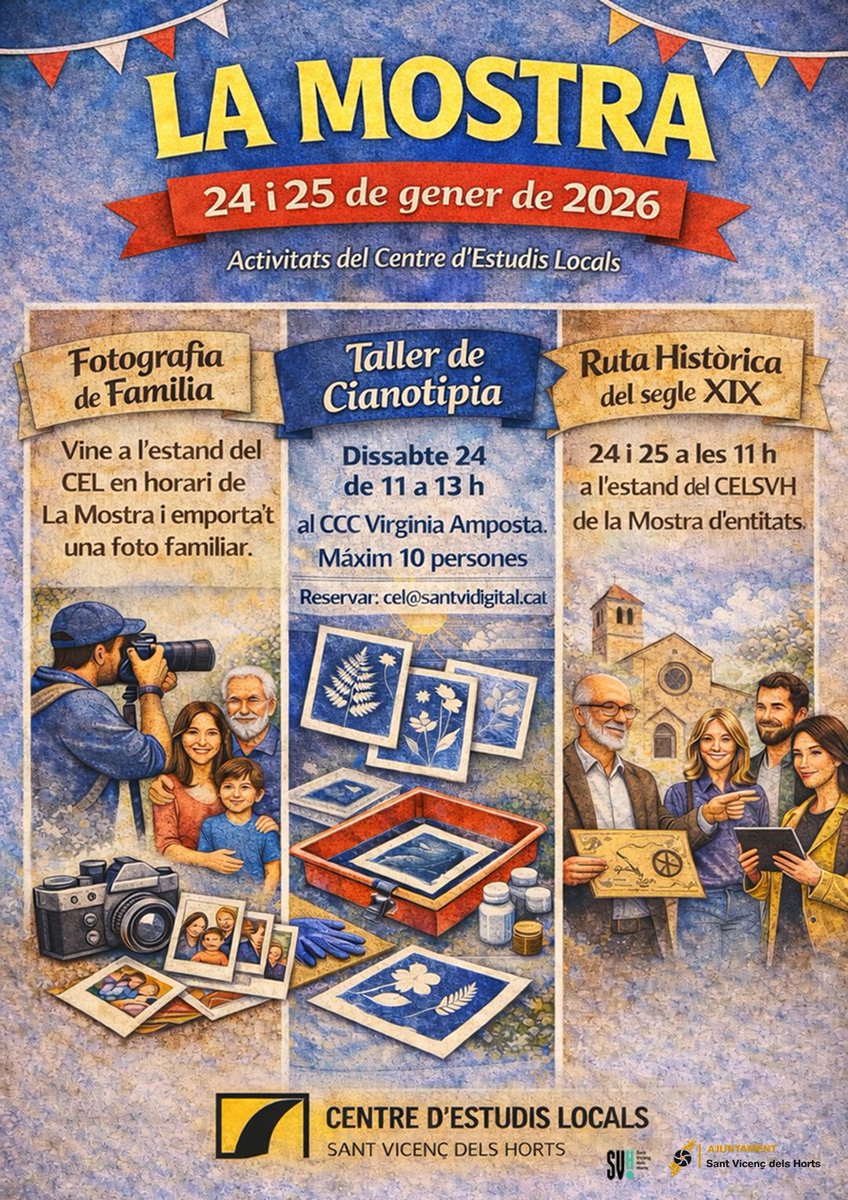 radiosvh902's tweet photo. El Centre d’Estudis Locals serà a la Mostra amb tres activitats: un taller de cianotípia, un projecte de ciutat de fotografia familiar i les rutes històriques per Sant Vicenç dels Horts 🔉https://t.co/l5YHimQNUK https://t.co/gl8a6lpuUd