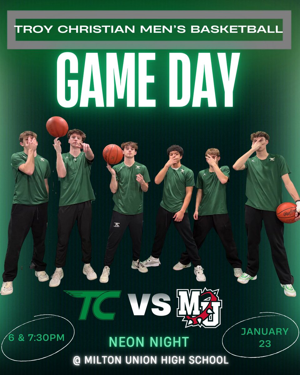 CoachZawadzki's tweet photo. ⚡️🏀 GAME DAY 🏀⚡️
Troy Christian travels to Milton-Union to take on the Bulldogs🐾
JV ⏰ 6:00 | Varsity ⏰ 7:30
🎭NEON NIGHT
Bring the glow. Bring the noise.✨
#tchoops #WeAreTC https://t.co/EqRjD8g7Ba
