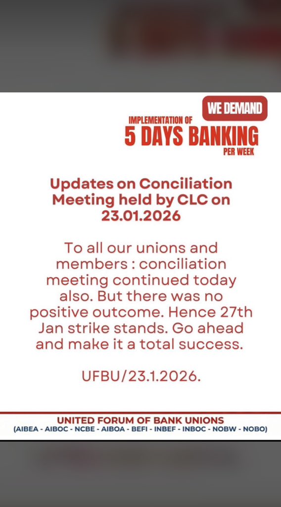 KhatiyanRohit's tweet photo. Let us make 27 January 2026 a powerful and historic strike.
Together we fight. Together we win.
#5DaysBanking #BANKSTRIKE #UnityIsStrength @ChVenkatachalam @idesibanda https://t.co/XsBLpc4GwC