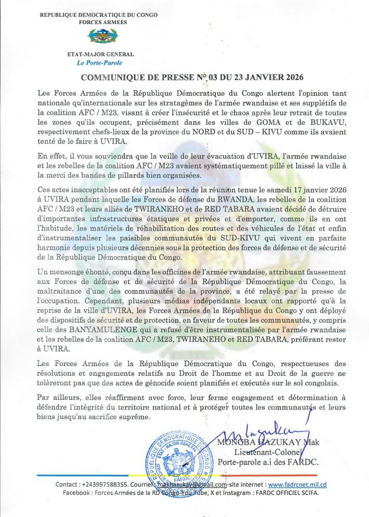 FARDC_officiel's tweet photo. Communiqué de Presse des @FARDC_officiel du 23 janvier 2026 https://t.co/Y98fQvfosm