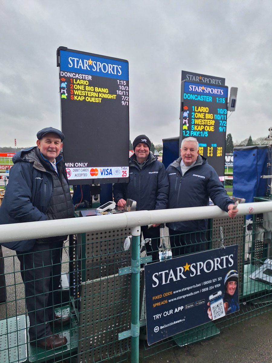 🏇 | STAR AT DONCASTER

<a href="/nickb_bookie1/">Nick Bennett</a>, Ged &amp; Steve are on course for us at <a href="/DoncasterRaces/">Doncaster Racecourse</a> this afternoon!

Come and find us on the rails if you're here - away meetings &amp; sports bets are accepted! 

18+ | GambleAware