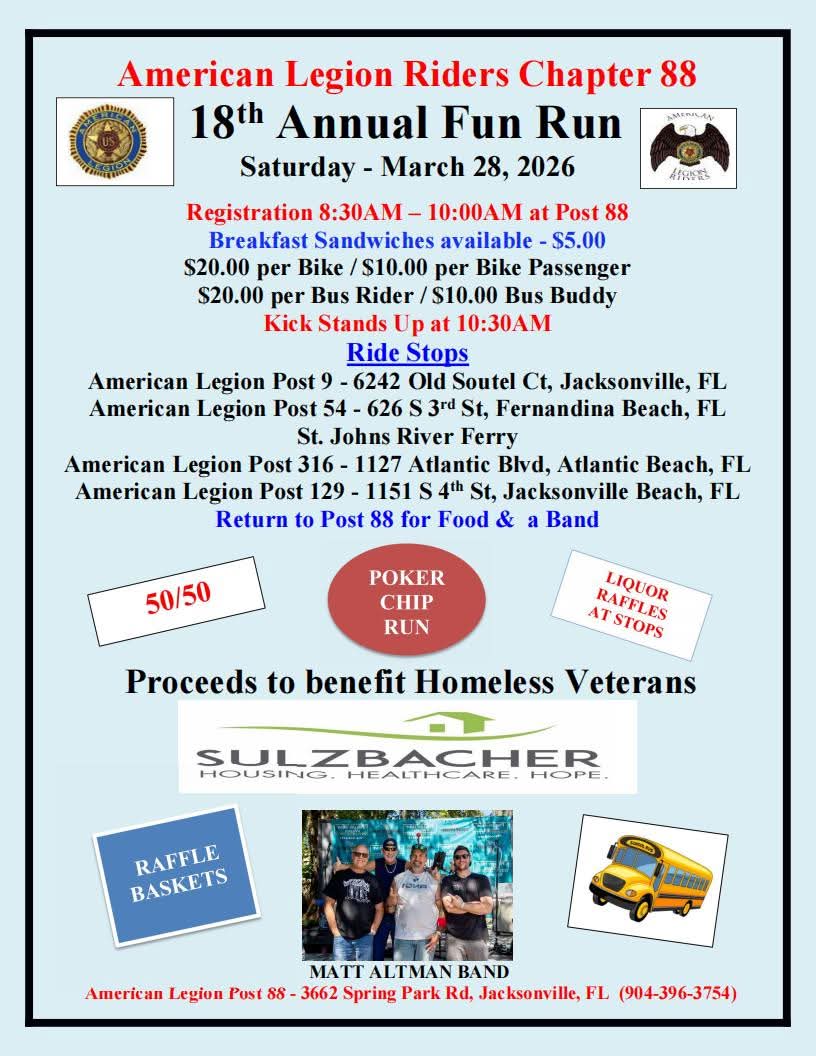 ALR5thDistFL's tweet photo. Jacksonville, Florida - March 28  - 18th Annual Poker Run for @sulzbacherjax Hosted by American Legion Riders Chapter 88. Registration  8:30 AM, KSU at 10:30 AM.
https://t.co/qijWLg9yAU
#GoodForTheSulz #LeadingTheWay https://t.co/d5iNEe9CTE