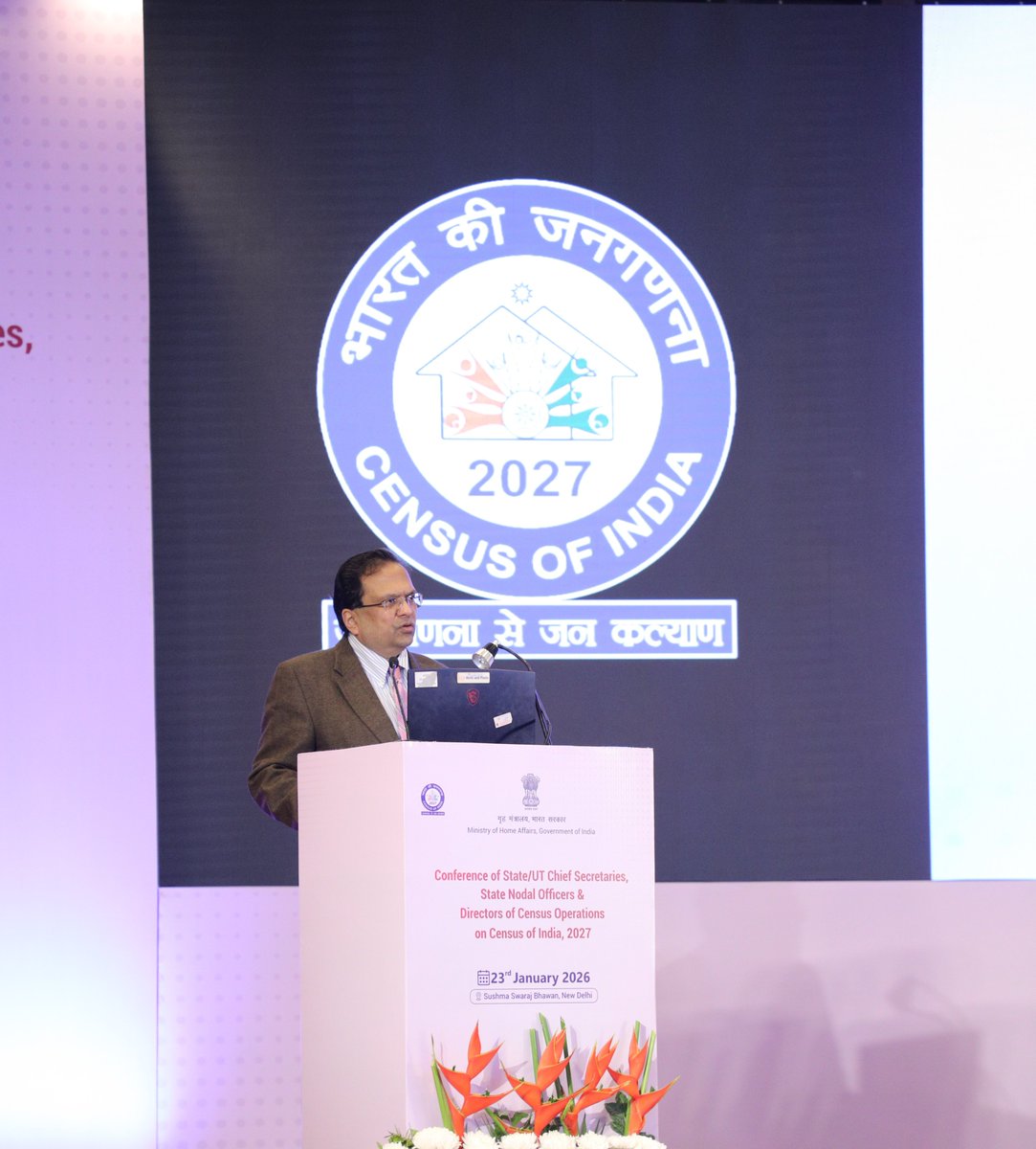 CensusIndia2027's tweet photo. A Conference of Chief Secretaries of States/UTs, State Census Nodal Officers, Senior officers from MHA, and Directors of Census Operations, on #Census2027 was held today in New Delhi. The Union Home Secretary, Shri Govind Mohan chaired the conference in the presence of the Registrar General & Census Commissioner of India (RG&CCI), Shri Mritunjay Kumar Narayan; Additional Registrar Generals, Shri Sunil Kumar and Shri Sanjeev Kumar; Deputy Director General, Shri Biswajit Das and senior officers of ORGI.

Welcoming the participants, the RG&CCI described #Census2027 as a historic National exercise and outlined its overall preparedness. He briefed on the usage of the digital tools in the ensuing Census including introduction of Self-Enumeration.

Addressing the conference, the Union Home Secretary highlighted the long and rich tradition of Census in India while emphasizing the pivotal role of State/UT Governments in the successful conduct of #Census2027. He urged States/UTs to ensure timely appointment and training of Census functionaries, republishing of Notifications, avoiding any jurisdictional changes up to 31-03-2027, effective use of digital tools including Self-Enumeration and a focused publicity & communication approach to build public awareness, trust and participation to achieve the full objectives of the Census 2027. 

The Home Secretary also sought cooperation from the Chief Secretaries to regularly monitor and review the Census related activities in the States/UTs.

@HMOIndia 
@PIBHomeAffairs 
@PIB_India