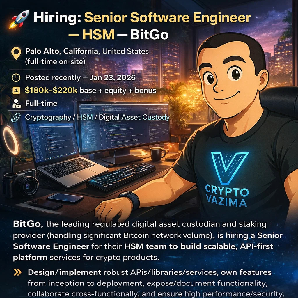 🚀 Hiring: Senior Software Engineer - HSM — BitGo 📍 Palo Alto, CA  (full-time on-site) | 💼 Full-time | 🧑‍💻 Crypto / HSM / Backend | 💰  $180k–$220k base + equity |