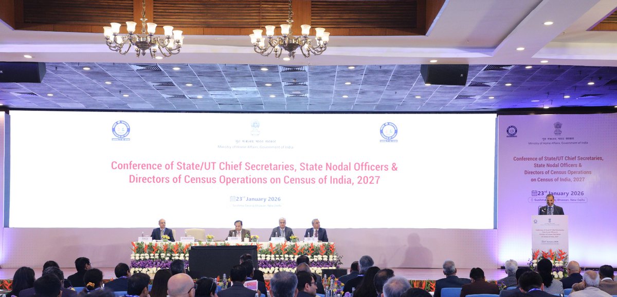 CensusIndia2027's tweet photo. A Conference of Chief Secretaries of States/UTs, State Census Nodal Officers, Senior officers from MHA, and Directors of Census Operations, on #Census2027 was held today in New Delhi. The Union Home Secretary, Shri Govind Mohan chaired the conference in the presence of the Registrar General & Census Commissioner of India (RG&CCI), Shri Mritunjay Kumar Narayan; Additional Registrar Generals, Shri Sunil Kumar and Shri Sanjeev Kumar; Deputy Director General, Shri Biswajit Das and senior officers of ORGI.

Welcoming the participants, the RG&CCI described #Census2027 as a historic National exercise and outlined its overall preparedness. He briefed on the usage of the digital tools in the ensuing Census including introduction of Self-Enumeration.

Addressing the conference, the Union Home Secretary highlighted the long and rich tradition of Census in India while emphasizing the pivotal role of State/UT Governments in the successful conduct of #Census2027. He urged States/UTs to ensure timely appointment and training of Census functionaries, republishing of Notifications, avoiding any jurisdictional changes up to 31-03-2027, effective use of digital tools including Self-Enumeration and a focused publicity & communication approach to build public awareness, trust and participation to achieve the full objectives of the Census 2027. 

The Home Secretary also sought cooperation from the Chief Secretaries to regularly monitor and review the Census related activities in the States/UTs.

@HMOIndia 
@PIBHomeAffairs 
@PIB_India