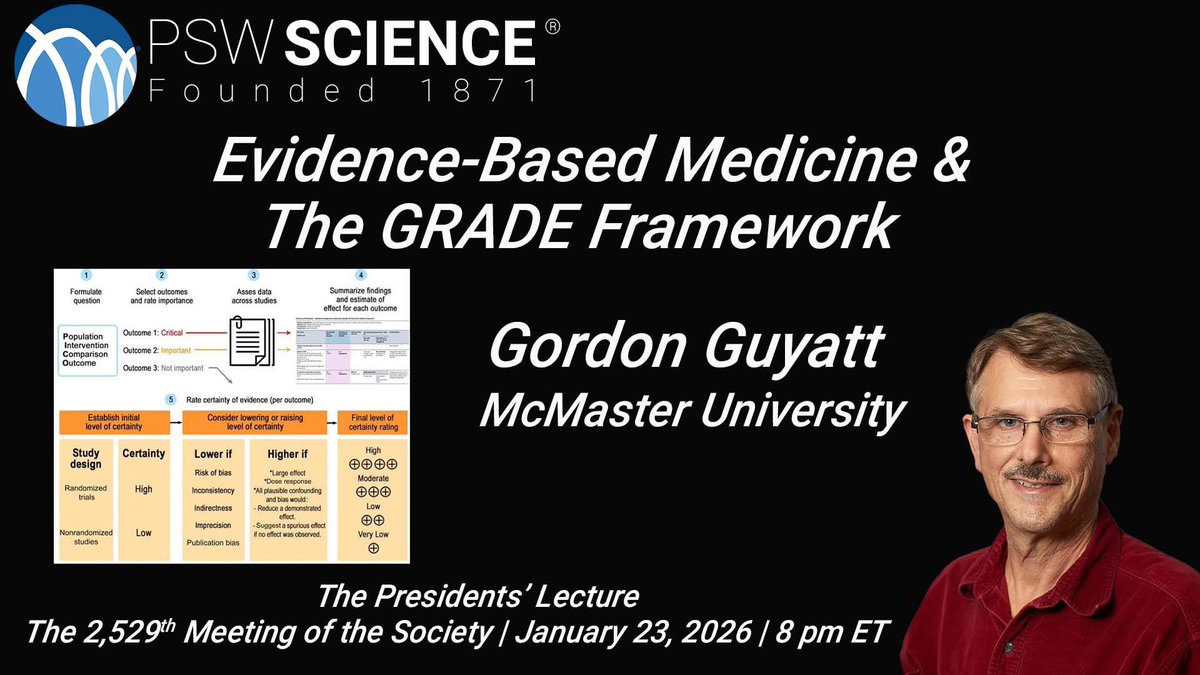 pswscience's tweet image. ⏰ Tonight | 8 PM
PSW Lecture: Evidence-Based Medicine &amp;amp; the GRADE Framework
🎙️ Gordon Guyatt (McMaster University)

📍 Washington, DC | 💻 Livestream
👉 youtube.com/live/uEWxJvq2H…

#EvidenceBasedMedicine #GRADE #PSW