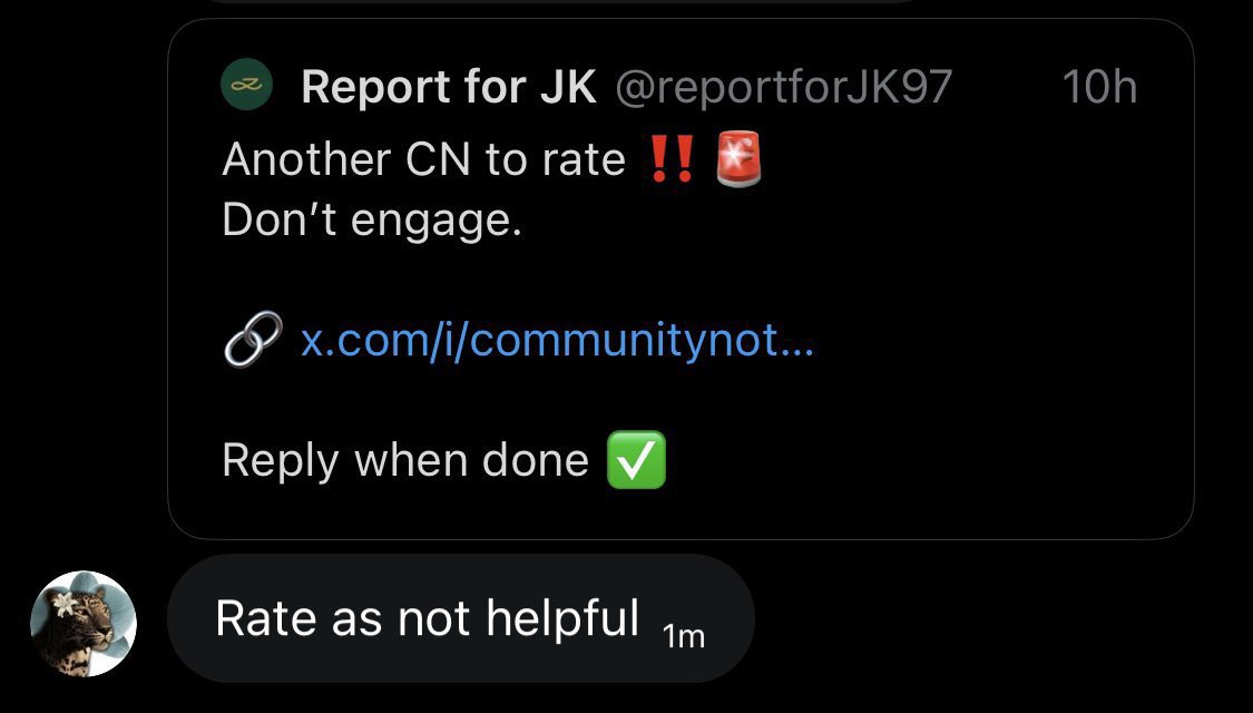 reportforJK97's tweet image. They are telling their followers to rate as unhelpful. If you haven’t rated the note as HELPFUL already, please do it ‼️🚨