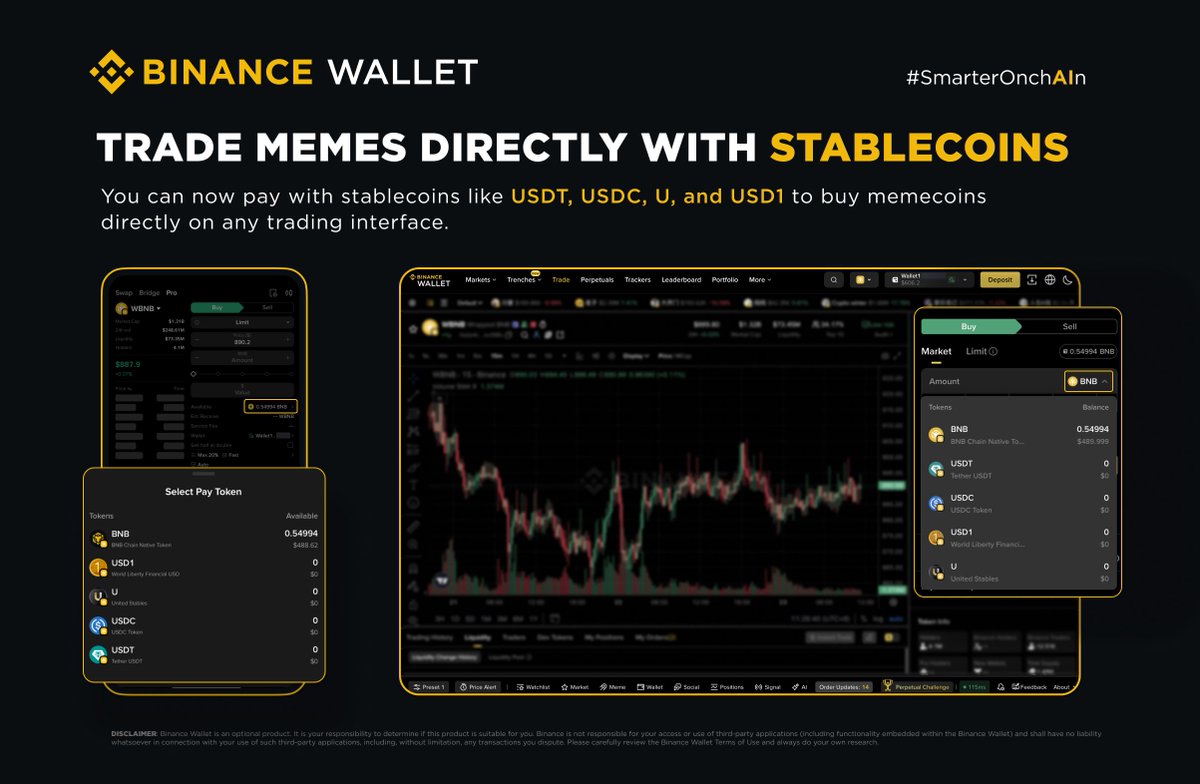 Trade memecoins directly with stablecoins on #Binance Wallet App and Web.  Select your Pay Token in one click to buy memecoins using stablecoins,  including USDT, USDC, U, and USD1. #SmarterOnchAIn
