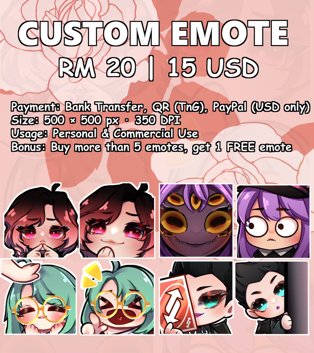 Hello, im slowly coming back and... 

OPEN COMMISSION FOR EMOTES! 💕
#emoteartist #emotes #vtuberart #commissionsopen #twitchemotes