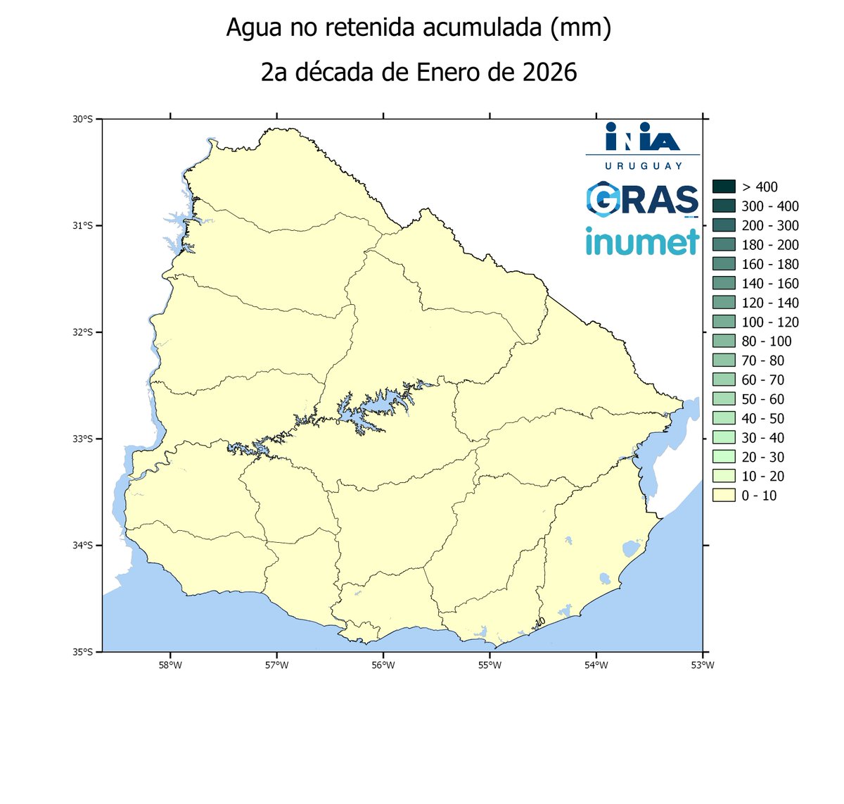 Porcentaje de agua disponible en el suelo (PAD) y agua no retenida (ANR) para período 11-20/01.
Estimaciones de PAD de entre 20-90% y sin valores estimados de ANR (recarga tajamares, etc).
<a href="/INIA_UY/">INIA URUGUAY</a>, <a href="/Inumet_/">Instituto Uruguayo de Meteorología</a> 
Información disponible en: inia.uy/gras/Monitoreo…