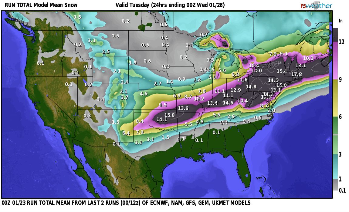 F5Weather's tweet photo. Here are the latest maps from F5Weather’s proprietary two-run, multi-model blend for what could become a historic winter storm. This is the 00z Jan 23 run.

A 12–15 inch snowfall appears increasingly likely across a massive corridor stretching from Oklahoma City → Louisville → Pittsburgh → Boston. That swath includes major metros such as Joplin, Cincinnati, Buffalo, Washington DC, New York City, and Philadelphia.

What may be even more disruptive, however, is the potential for catastrophic icing from freezing rain. Parts of the Southeast — including western and northern Mississippi, northeast Georgia, and extending toward Richmond, VA — could see ice accretion approaching or even exceeding 1 inch in spots.

For perspective, as little as 0.25" of ice is enough to bring down tree limbs and power lines. Given the widespread nature of this storm — combined with localized areas of extreme icing — impacts across the Southeast could be severe. If outages become widespread, restoration times will likely be prolonged, simply because of the sheer scale of damage.

If you live in any of these areas, take this storm very seriously. Be prepared for the possibility of extended power outages, loss of heat, and limited access to food or travel — potentially lasting several days.

Now is the time to prepare, as icing will begin in Texas starting mid-day Friday.

For the latest raw computer model forecast graphics, visit https://t.co/CB1e7ybMM2