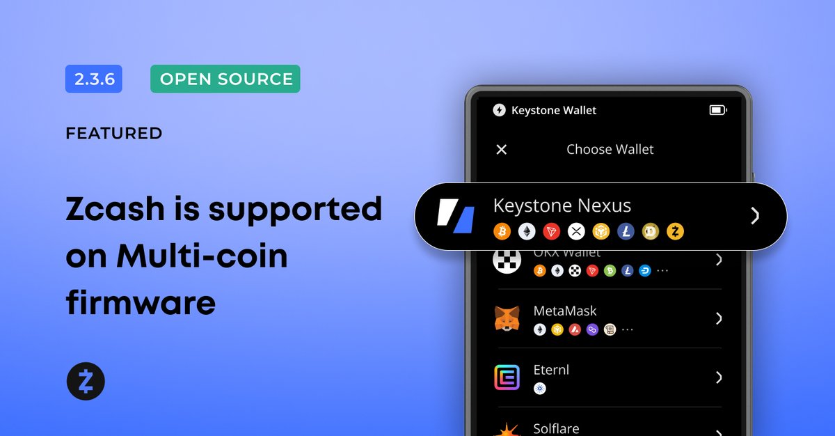 KeystoneWallet's tweet photo. You asked. We delivered.

@Zcash is now live on our Multi-coin firmware.

Send, receive, and swap transparent $ZEC directly via the Nexus app.

Update your Multi-coin firmware and Nexus app to get started 🔥 https://t.co/WE3M0rg4uF