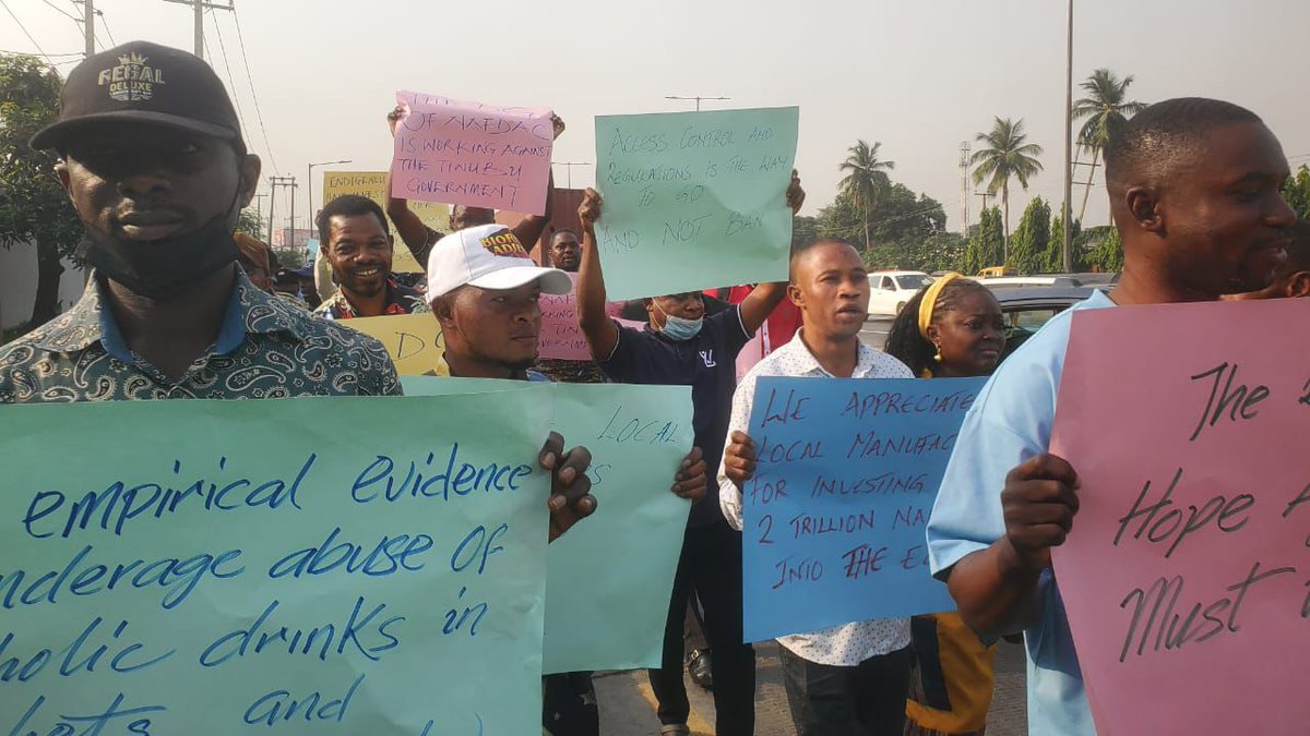 NLC, DIBAN protest sachet alcohol ban at NAFDAC office in Lagos.