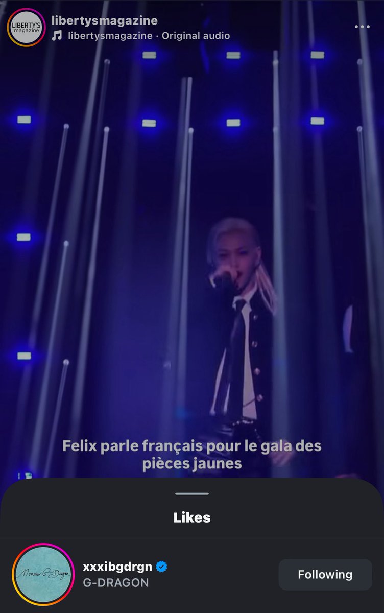 BbokRisma's tweet image. G-Dragon has liked Liberty’s Magazine video of #FELIX speaking French at the #GalaDesPiècesJaunes