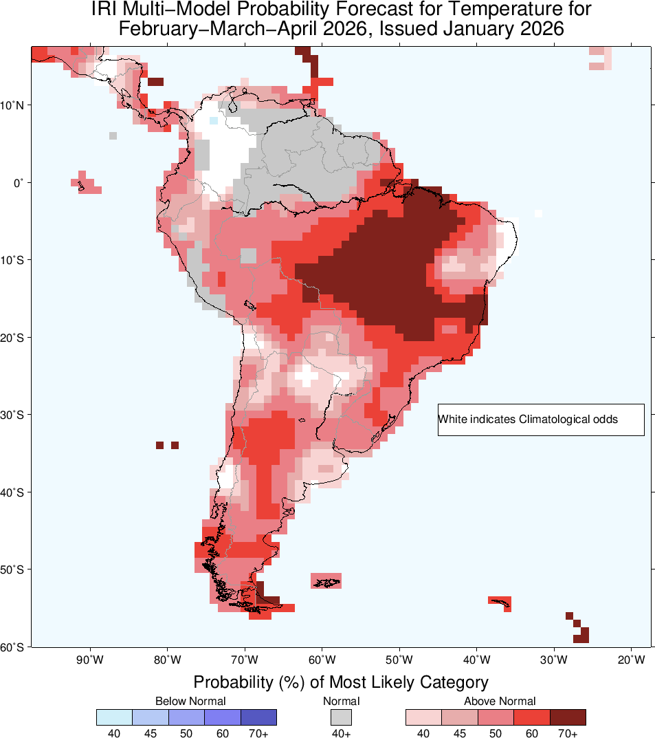 Perspectivas climáticas (<a href="/climatesociety/">IRI</a> ) trimestre Febrero-Marzo-Abril en conjunto.
* Lluvias acumuladas con mayores probabilidad de estar por debajo de lo normal
* Mayores probabilidades de temperatura media por encima de lo normal