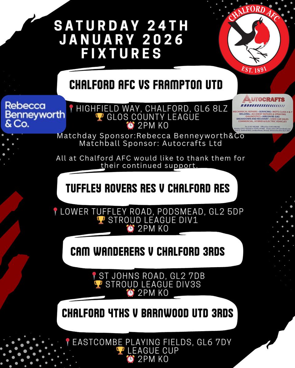 Chalford are back in action! 

🔴 1st Team – Home vs <a href="/FramptonFc/">Frampton United FC</a> , 2pm KO in Gloucestershire County League action. First home game of 2026 🤞🏼
Massive thanks as always to our sponsors:
Matchday: Rebecca Benneyworth &amp; Co
Matchball: Autocrafts

Link to programme: