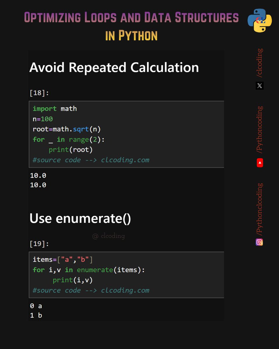 clcoding's tweet photo. Optimizing Loops and Data Structures in Python https://t.co/2DNM26iCNa