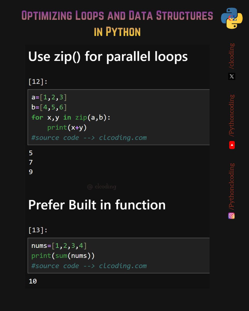 clcoding's tweet photo. Optimizing Loops and Data Structures in Python https://t.co/2DNM26iCNa