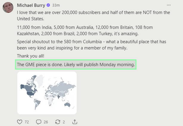 ReesePolitics's tweet photo. Michael Burry says his $GME pt. 2 piece is 'done' and will 'likely' publish Monday morning. 🚨 https://t.co/LTLVNi3NrZ