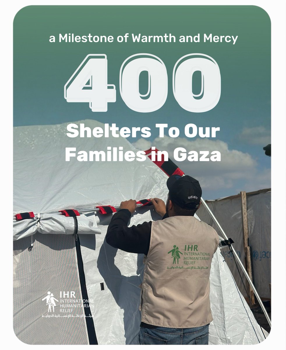 Thanks to your generosity, 400 shelters have already reached out to our people in Gaza!
Every shelter means safety, dignity, and hope for a family in need, donate now: ihrelief.org/en/winter-gaza/
