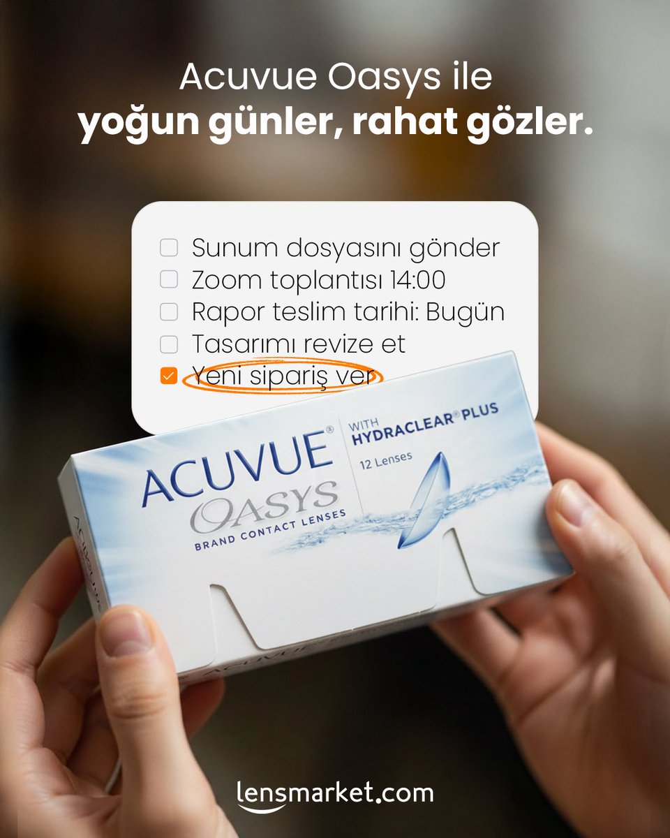 Uzun toplantılar, ekran dolu günler, değişen ışıklar… Göz konforunuz bu tempoda da sabit kalsın.

Acuvue Oasys, gün boyu süren kuruluk, batma ve rahatsızlık hissine karşı etkili bir koruma sağlar. İki haftalık kullanım süresi boyunca ilk günkü nem oranını korur.