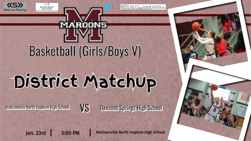 Event: Girls/Boys Basketball
Opponent: Dawsons Springs High School
When: 1/23/2026 at 5:00 pm CST
Where: Madisonville North Hopkins High School
Tickets: hopkins.schoolcashonline.com/Fee/Index