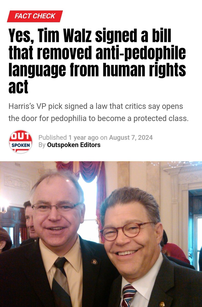 Barbiembt's tweet photo. @NathanD27598658 @Timcast You voted for a true pedophile. Walz sign legislation to remove language from the MN Human Rights Act making pedophile a sexual orientation and giving protection to pedophiles over protection of children. A normal man, straight or gay, would never do that but a pedophile would. https://t.co/McslcPs1sM