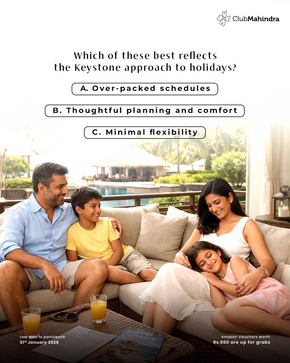 🎊 #ContestAlert | Day 7 #NewBeginnings with #ClubMahindra

Answer today's question &amp; stand a chance to win ₹500 Amazon vouchers! 🎁

How to enter:
- Comment with #NewBeginnings and #ClubMahindra
- Tag <a href="/clubmahindra/">Club Mahindra</a> + 4 friends (mandatory)
- Participate in all 10 posts