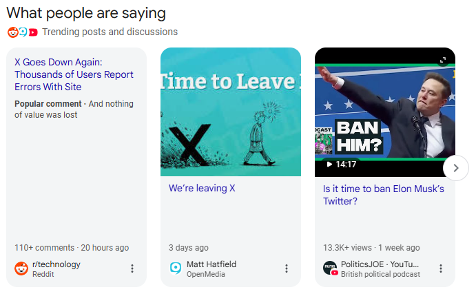 AlmostFLNative's tweet image. So funny how hard @Google tries to shade @X and @elonmusk.  This is always the theme on "What people are saying" when you search "X" on Google.