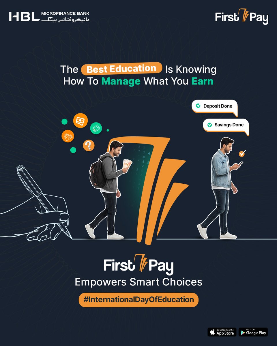 HBLMfBDigital's tweet photo. Degrees help you earn & financial literacy helps you grow. πποΈ
This International Day of Education, master the art of managing your money.
Empower your future with FirstPay.
#FirstPay #HBLMfB #DigitalWallet #OnlinePayments #InternationalDayOfEducation #FinancialLiteracy https://t.co/HIcjCdhZlU