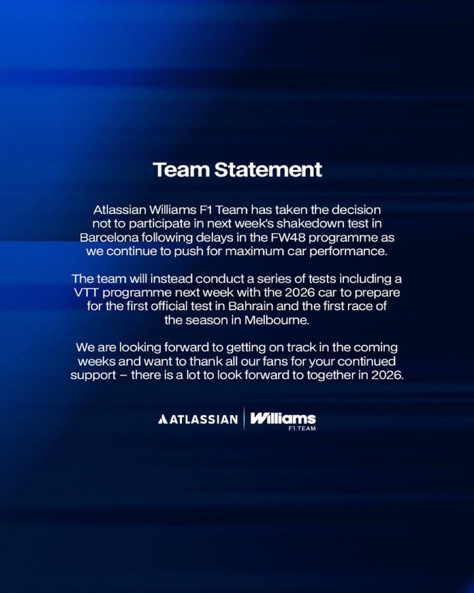 🚨OFICIAL: Williams no estará en los test de Barcelona

"Williams ha tomado la decisión de no participar en el test de shakedown de la próxima semana en Barcelona, debido a retrasos en el programa FW48"