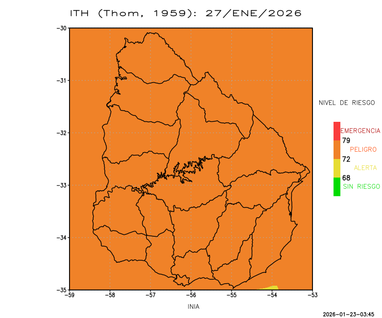 Previsiones de condiciones de estrés térmico para ganado de leche.
Riesgo de “peligro”, avanzando por la zona oeste y para todo el país, en los próximos días.
Información en: inia.uy/gras/Aplicacio…
INIA Termoestrés en INIA móvil (inia.uy/gras-inia-movil)