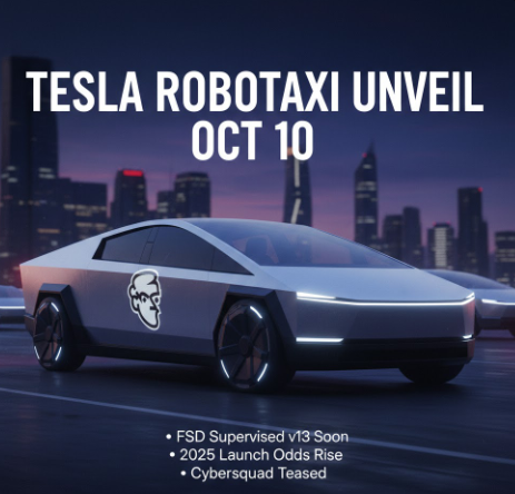 22Bepositive's tweet photo. Tesla pushed the Robotaxi unveil to Oct 10
Cybercab teased, but no 2024 launch vibes
FSD Supervised v13 soon; unsupervised still gated by safety data + NHTSA
Near term odds dip, 2025 odds rise as v12.5.5 scales miles for validation

@Polymarket @zscdao https://t.co/GRsvjOUzjB