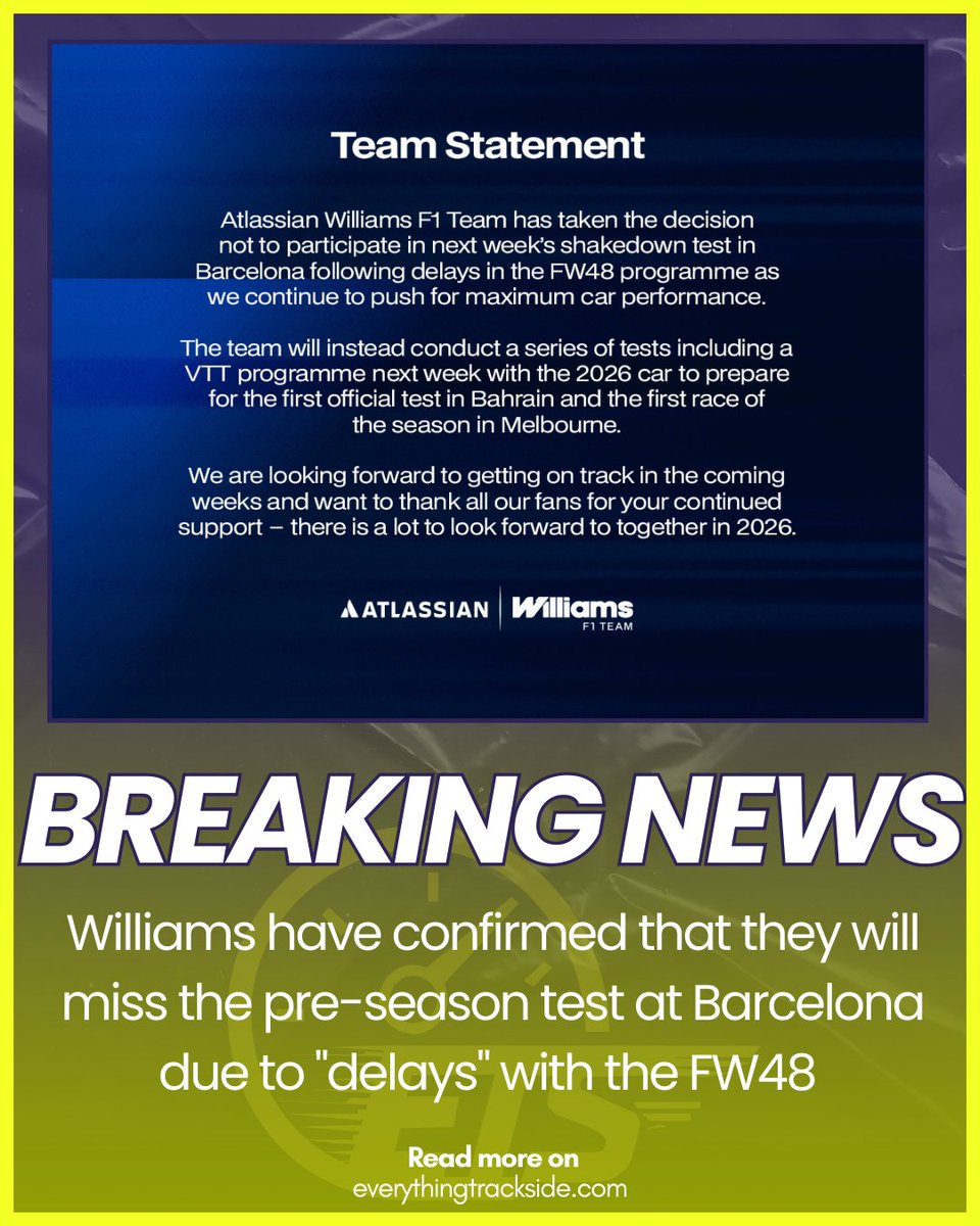 EverythingETS's tweet image. .@WilliamsF1 will miss the Barcelona test due to delays with the 2026 car. 

Will the team manage to sort their issues before the first race in Australia? 
#F1