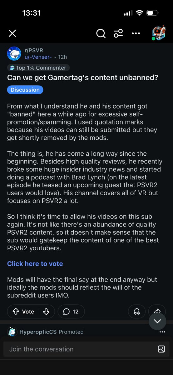 I really appreciate the PSVR2 Reddit community. My content ban was put in place in 2018 and will probably never change, but some people still try. Has it hindered my growth… potentially 🤷‍♂️ but it’s one persons decision and that person must hate me that’s ok 👍