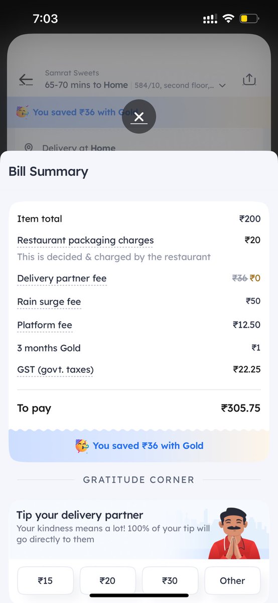 destinedroads's tweet photo. @zomato @zomatocare wow incredible!!! 
All charges are important but DELIVERY PARTNER FEE is O like seriously restaurant gets the food money plus packaging as if you will send the food as is and the person doing all the effort gets zero! TERRIBLE @zomato https://t.co/gMx3MoTFkm