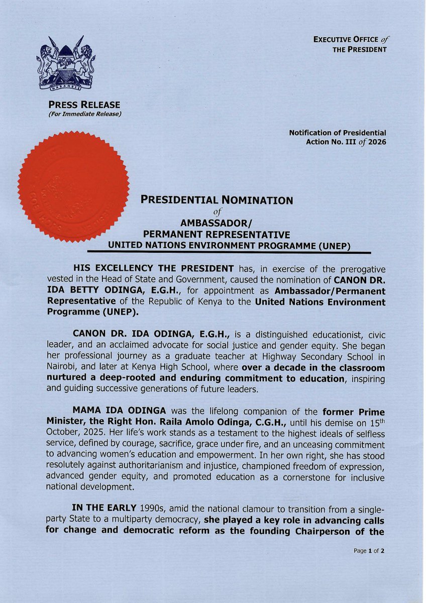 HusseinMohamedg's tweet image. President William Ruto has nominated Canon Dr. Ida Betty Odinga, EGH as the Ambassador/Permanent Representative of the Republic of Kenya to United Nations Environment Programme (UNEP).