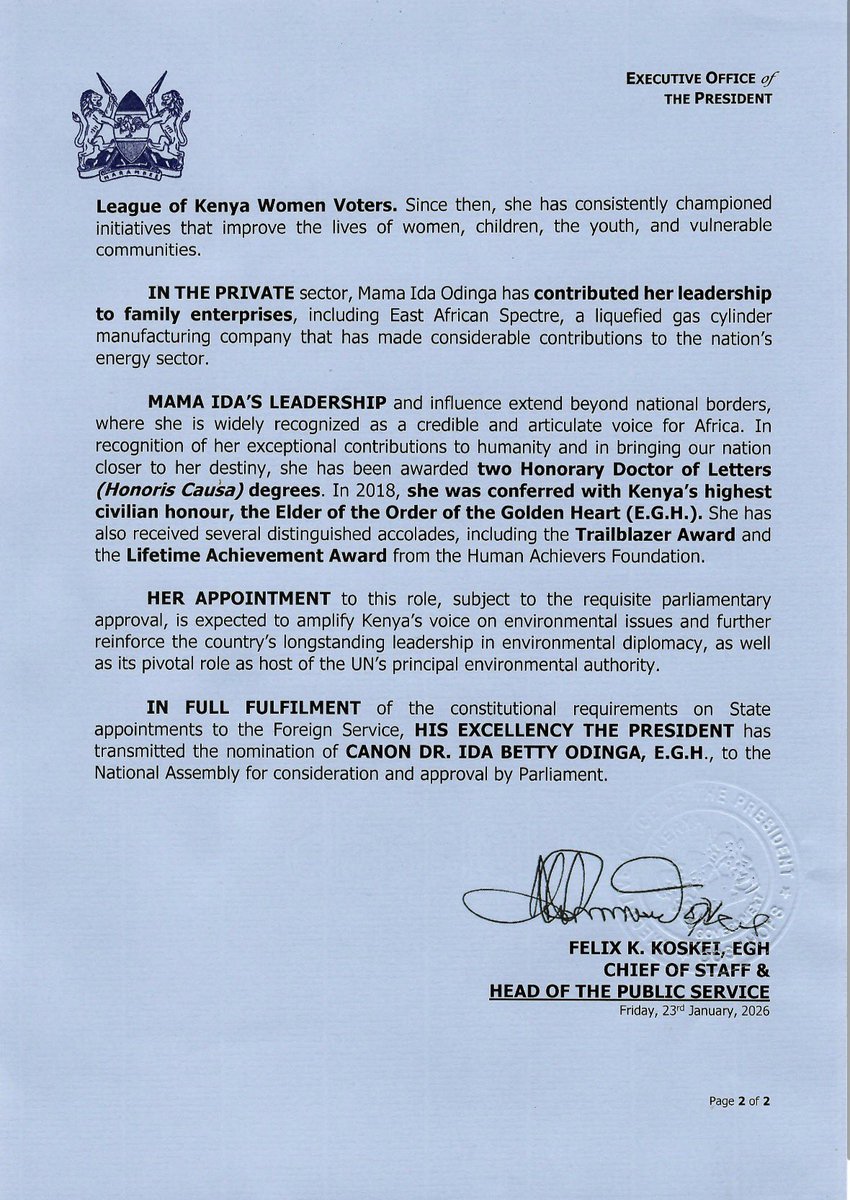HusseinMohamedg's tweet image. President William Ruto has nominated Canon Dr. Ida Betty Odinga, EGH as the Ambassador/Permanent Representative of the Republic of Kenya to United Nations Environment Programme (UNEP).