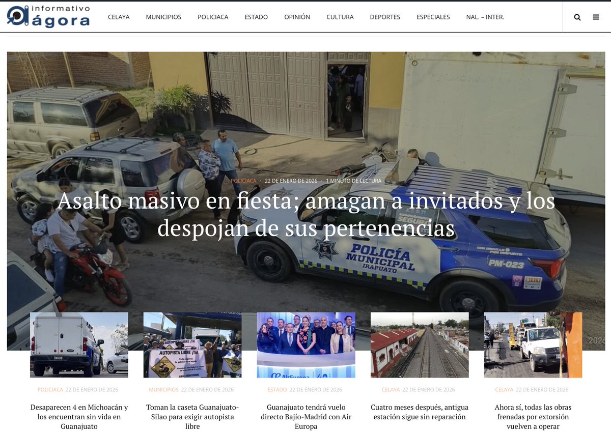 23Enero26 #DestacadasDelDía
#Guanajuato
👀 PORTADA: agoragto.com

✅ #Irapuato  Asalto masivo en fiesta; amagan a invitados y los despojan de sus pertenencias
Leer más ➡️ agoragto.com/policiaca/asal…
.
✅  #ValleDeSantiago Desaparecen 4 en Michoacán y los encuentran sin