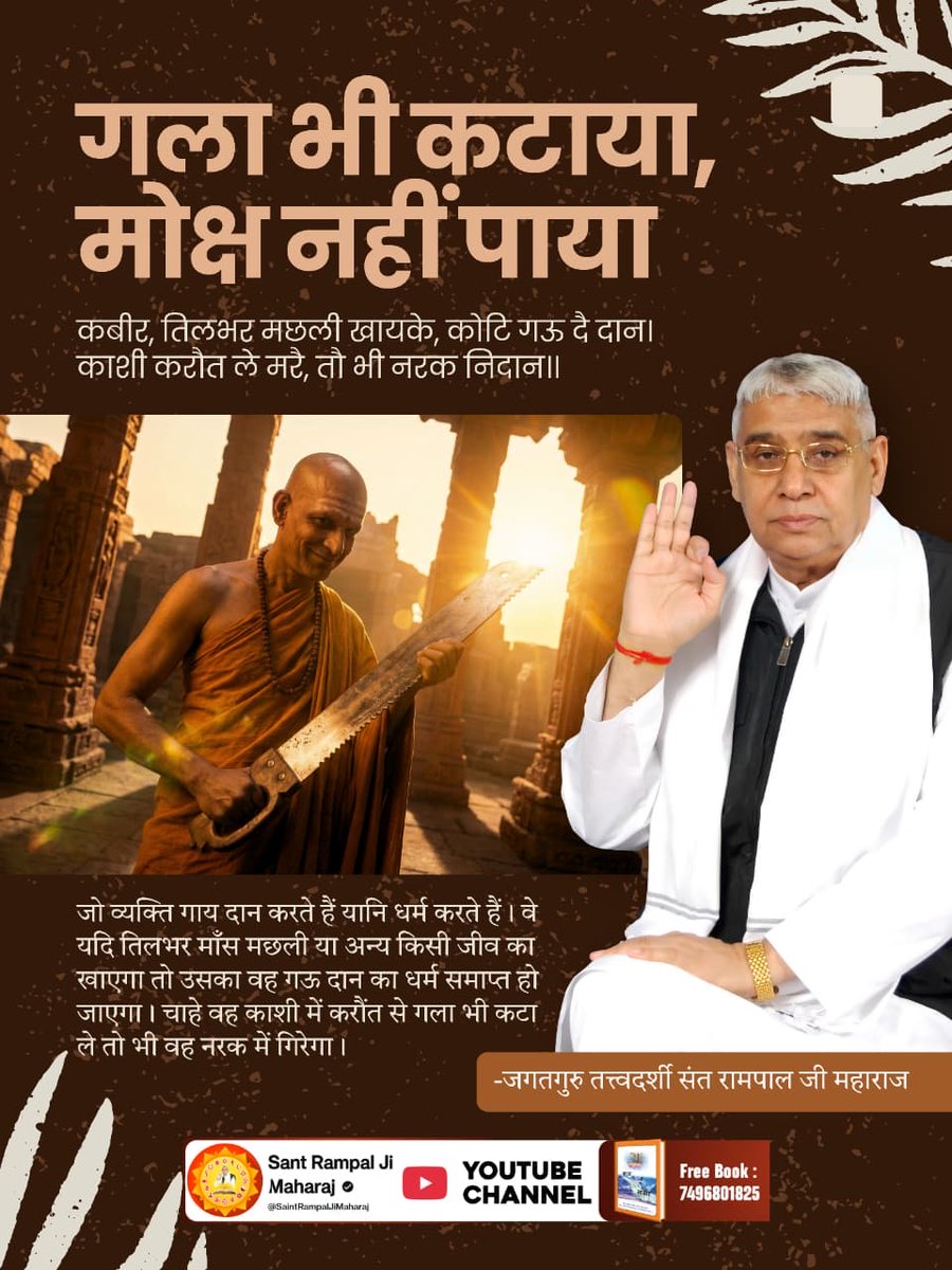 #SacrificedAll_LostMoksha
गला भी कटाया, मोक्ष नहीं पाया
⤵️⤵️
कबीर, तिलभर मछली खायके, कोटि गऊ दै दान। काशी करौत ले मरे, तौ भी नरक निदान ॥
जो व्यक्ति गाय दान करते हैं यानि धर्म करते हैं। वे यदि तिलभर माँस मछली या अन्य किसी जीव का खाएगा तो उसका वह गऊ दान का धर्म समाप्त हो जाएगा।...