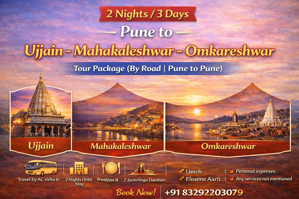 savaliholidays's tweet photo. Ujjain Mahakaleshwar Omkareshwar Tour Package From Pune - https://t.co/IYn18EouWo
#UjjainTourFromPune #MahakaleshwarTourFromPune #UjjainMahakaleshwarTour #OmkareshwarJyotirlinga #JyotirlingaTourFromPune #MahakaleshwarTemple #OmkareshwarTemple #UjjainDarshan #JyotirlingaYatra https://t.co/iGOhHjhcMz