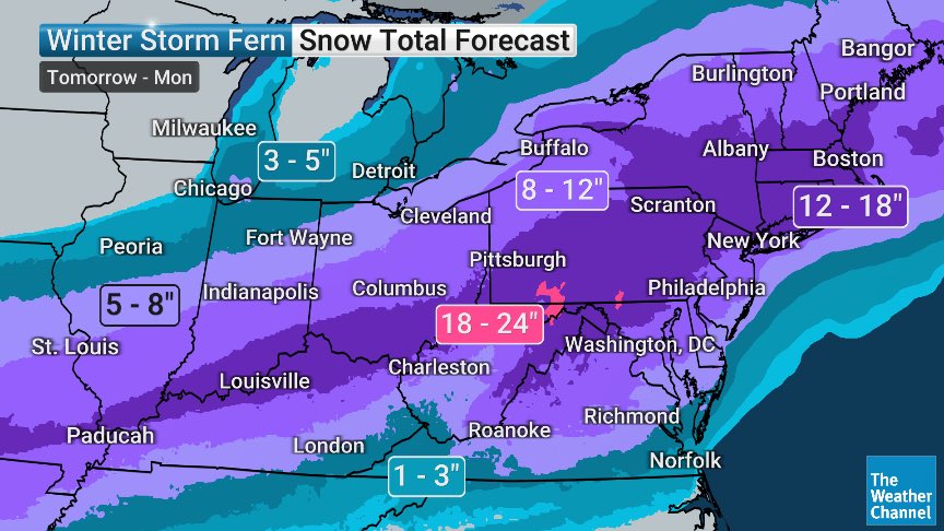 CharlesPeekWX's tweet photo. ⚠️ URGENT: Winter Storm Fern is a Major Threat ⚠️

The latest data (Friday morning 1/23/26) from @weatherchannel shows Winter Storm Fern becoming a massive system. We aren't just looking at snow—the ice threat across the South and Mid-Atlantic is severe.

Significant ice accumulation (forecasted over 0.75" in some areas!) is a recipe for "hurricane-level" damage to trees and power lines. If you are in the pink or purple zones on these maps, you must prepare for the high probability of extended power outages in bone-chilling arctic cold.

HOW TO PREPARE NOW:

Charge Everything: Power up phones, laptops, and portable battery banks.

Plan for Heat: If the power goes out, close off unneeded rooms to trap heat. Never use a gas stove or oven for warmth.

Generator Safety: If using a generator, keep it OUTDOORS and away from windows to prevent carbon monoxide poisoning.

Water Prep: Fill your bathtubs for flushing and have a 3-day supply of bottled water. Drip your faucets to prevent pipes from bursting.

Stock Up: Ensure you have non-perishable food, flashlights (with extra batteries), and plenty of heavy blankets.

📺 STAY INFORMED

Our crews are on the ground from Dallas to Boston to bring you live updates.

• Snow Totals: 18-24" possible in the heaviest bands.

• Ice Totals: Crippling accumulations through Texas, Arkansas, and the Deep South.

• Arctic Blast: Wind chills will drop well below zero as the storm passes.

Stay safe, check on your neighbors, and keep it tuned to The Weather Channel for the latest track and timing. ❄️⛈️
#WinterStormFern #Fern #WeatherSafety #IceStorm #PowerOutagePrep