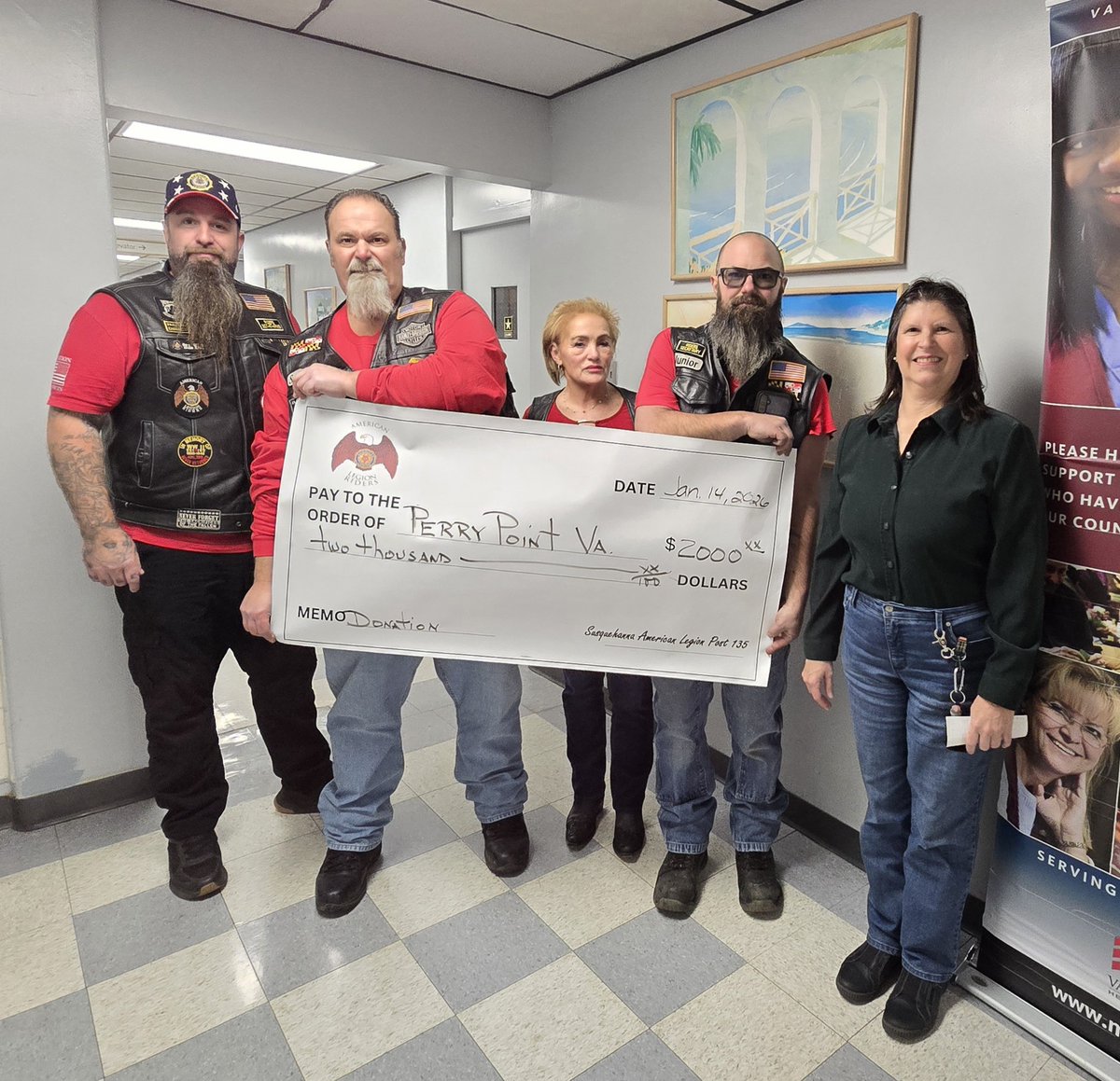 Thank you to American Legion Post 135 Riders who donated $2,000 to the VA Maryland Health Care System, with $1,000 going to Perry Point  Social Work service and $1,000 to support Veterans going to the National Games.