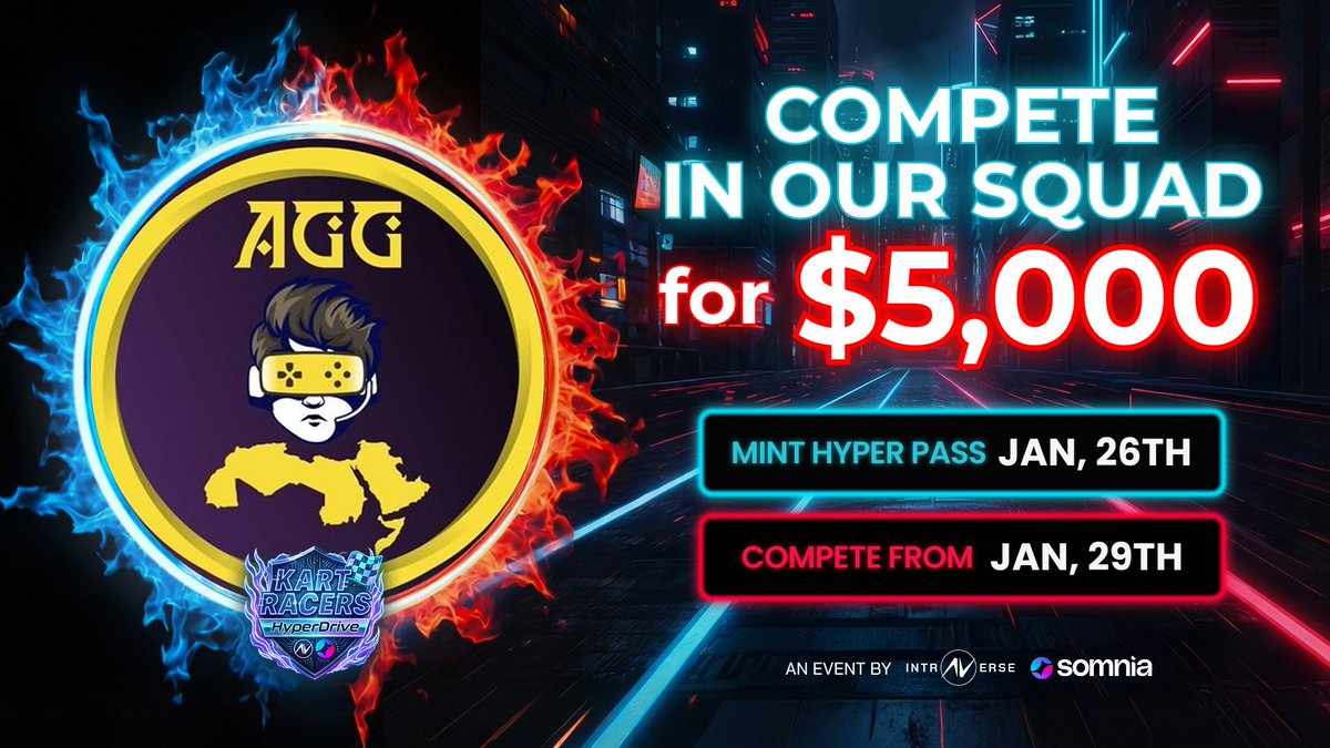 CALLING ALL RACERS!  
We're joining the HyperDrive Season by <a href="/intraVerse_Game/">Intraverse</a> x <a href="/Somnia_Network/">Somnia</a> with $5,000 rewards.  
🎁 3x Rarity #7 boosting cards : 
✅ Follow us &amp; <a href="/intraVerse_Game/">Intraverse</a> 
✅ Like, RT, Tag 2 frens  
🗓️ Mint on Jan 26 | Race from Jan 29  Who is riding with us?