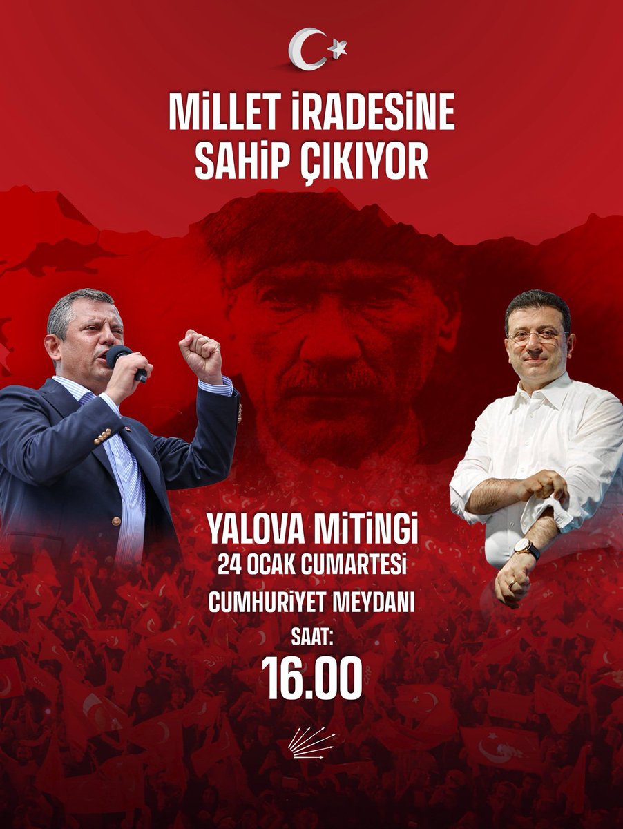 vekilince's tweet photo. Genel Başkanımız Özgür Özel’in katılımlarıyla, Ulu Önderimiz Gazi Mustafa Kemal Atatürk’ün “Benim kentim” dediği Yalova’da buluşuyoruz!

🗓️ 24 Ocak Cumartesi
⏰ 16.00
📍 Cumhuriyet Meydanı – Yalova https://t.co/3RuGi7E5Py