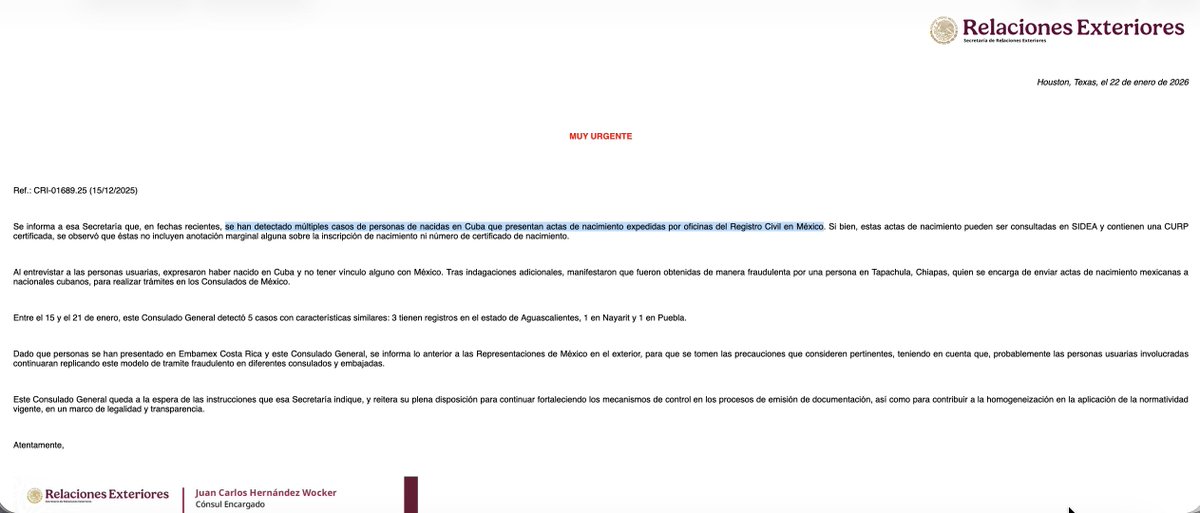 Con carácter de “MUY URGENTE”, el <a href="/ConsulMexHou/">Consulado General de México en Houston</a> alerta a la <a href="/SRE_mx/">Relaciones Exteriores</a> sobre la aparición de un mercado negro de actas de nacimiento mexicanas para ciudadanos cubanos obtenidas de manera fraudulenta en Tapachula. Son expedidas por oficinas del Registro Civil en México.👇🏼