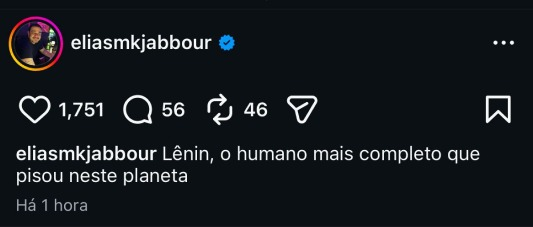 Ontem, o Elias Jabbour - que me bloqueou -, fez uma confissão impressionante: "Lênin, o humano mais completo que pisou neste planeta", com um retrato do ditador.

Jabbour, um homem formado, adulto, com capacidade de estudar história e fazer reflexões morais, concluiu que, dentro