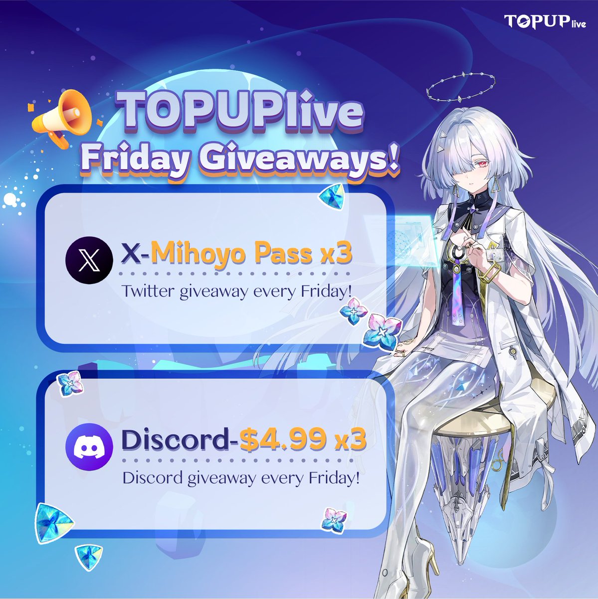 Topuplive_'s tweet image. TOPUPlive Weekly Giveaway Event

Prizes:

3x Monthly Pass

Rules: 
&amp;gt;Follow @Topuplive_
  
&amp;gt;Like &amp;amp; RT 

&amp;gt;Comment: For TOPUPlive

✨Use code [17k]for 10% Off

📅Ends at 2026/01/29
📢Winner announced: 2026/01/30

#GenshinImpact  #HonkaiStarRail  #zzzero  
#TOPUPlive