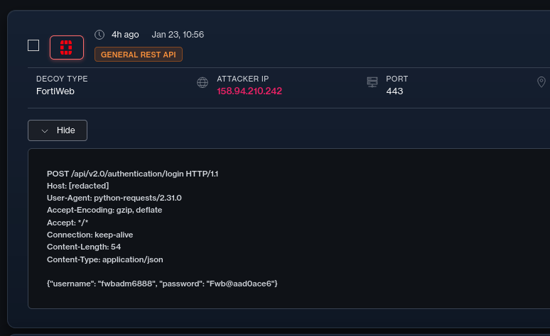 DefusedCyber's tweet photo. ⚠️ We are seeing elevated targeted activity against Fortinet products, with a novel feature involving the /api/v2.0/authentication/login pathway targeted post exploitation

Since details about the recent patch bypass are still unclear, be extra vigilant - look out for newly created users starting with the username "fwbadm" followed by 4 alphanumeric characters

Other actors associated with Fortinet authentication bypass exploitation during the past 7 days: 

158.94.210.242 Omegatech (🇳🇱)
165.22.225.218 DigitalOcean (🇨🇦)
39.81.66.204 CHINA UNICOM China169 Backbone (🇨🇳)
138.199.53.239 Datacamp (🇷🇴)
179.61.223.49 H4Y Technologies (🇺🇸)
195.133.88.86 GLOBAL CONNECTIVITY SOLUTIONS (🇩🇪)
179.61.223.50 H4Y Technologies (🇺🇸)
72.62.125.35 Hostinger International (🇮🇩)
73.183.20.207 Comcast Cable Communications (🇺🇸)
181.164.178.180 Telecom Argentina S.A. (🇦🇷)